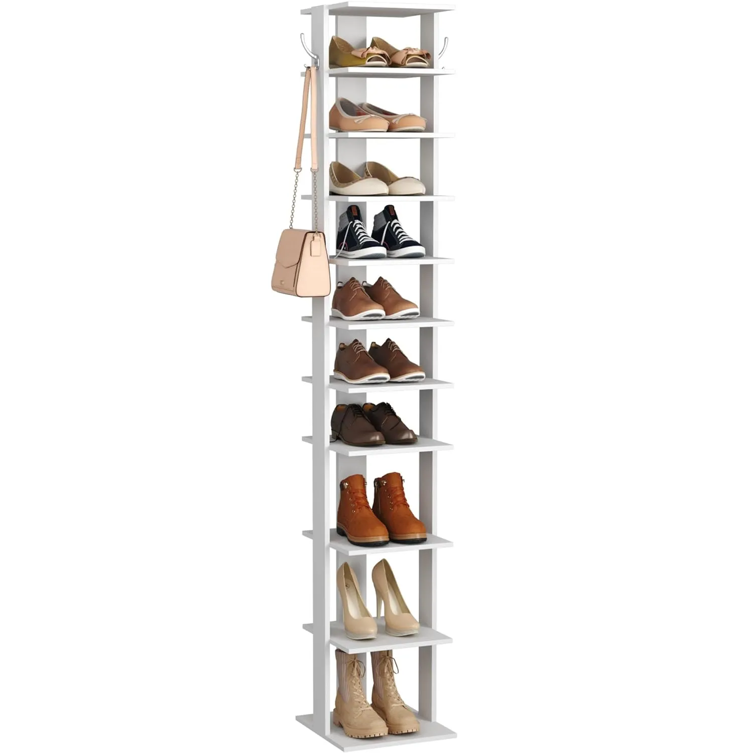 10-Tier Vertical Shoe Rack, Corner Shoe Tower, Slim Shoe Organizer With Two Hang