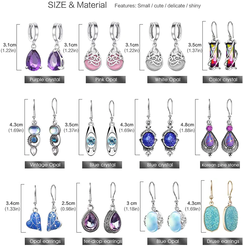 12 Pairs Teardrop Druse Crystal Drop Dangle Earrings for Women Girls Cubic Zirconia Huggie Hoop Earring Jewelry Set Christmas Gifts