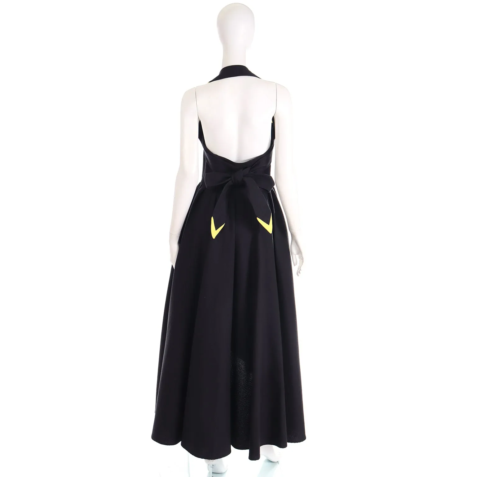 1980s Thierry Mugler Black & Yellow Cotton Halter High Low Dress