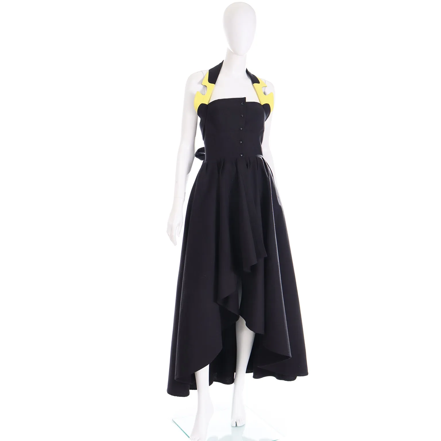 1980s Thierry Mugler Black & Yellow Cotton Halter High Low Dress