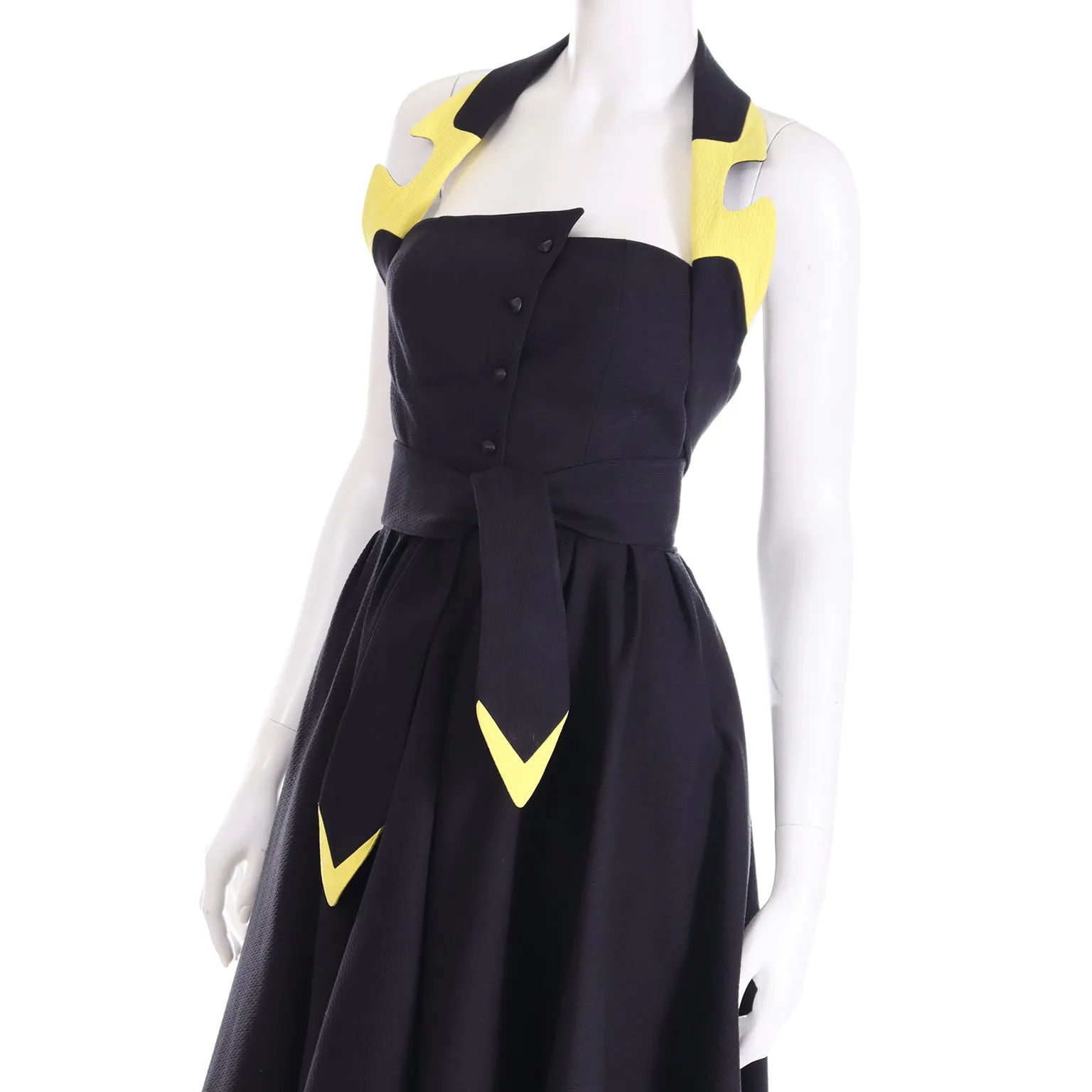 1980s Thierry Mugler Black & Yellow Cotton Halter High Low Dress