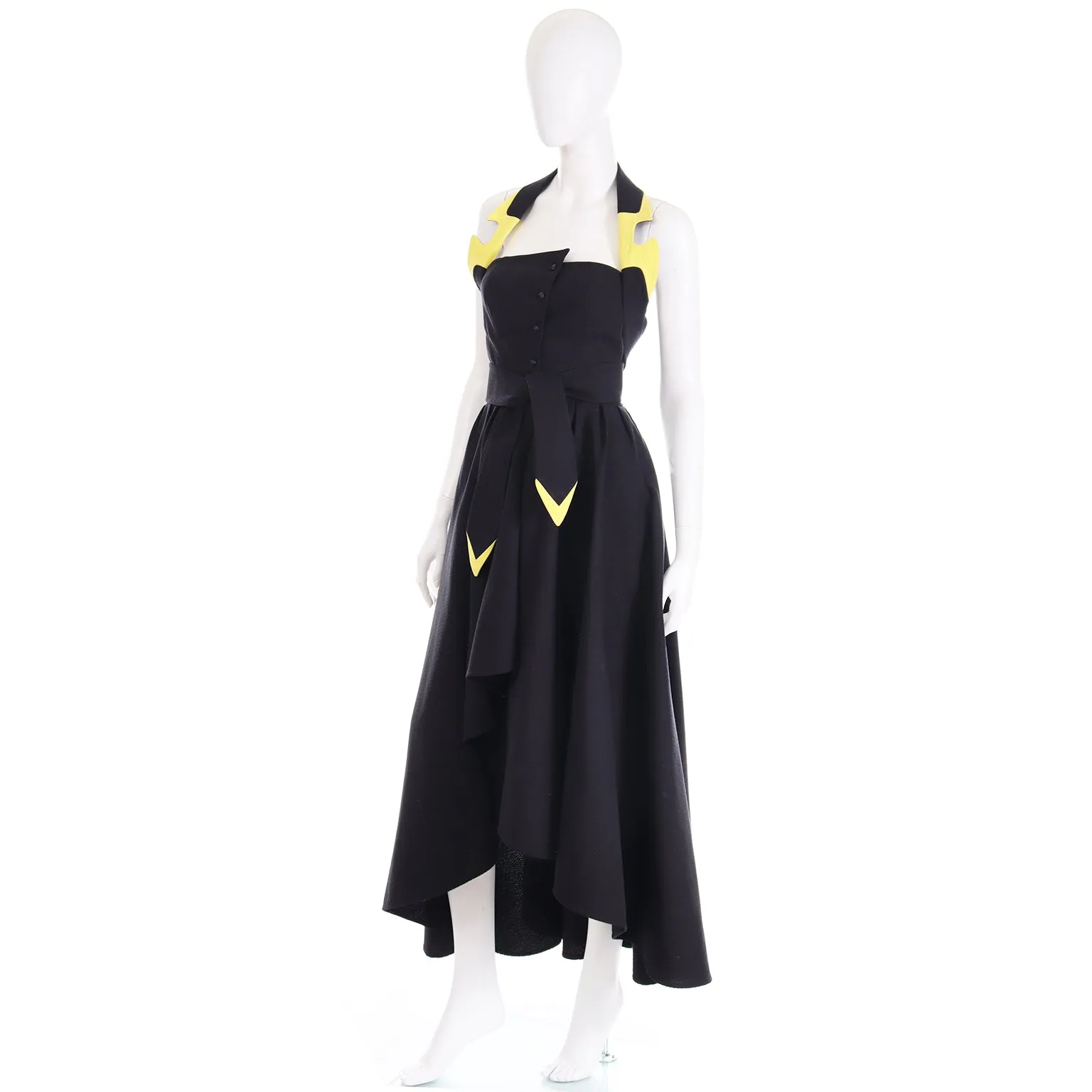 1980s Thierry Mugler Black & Yellow Cotton Halter High Low Dress