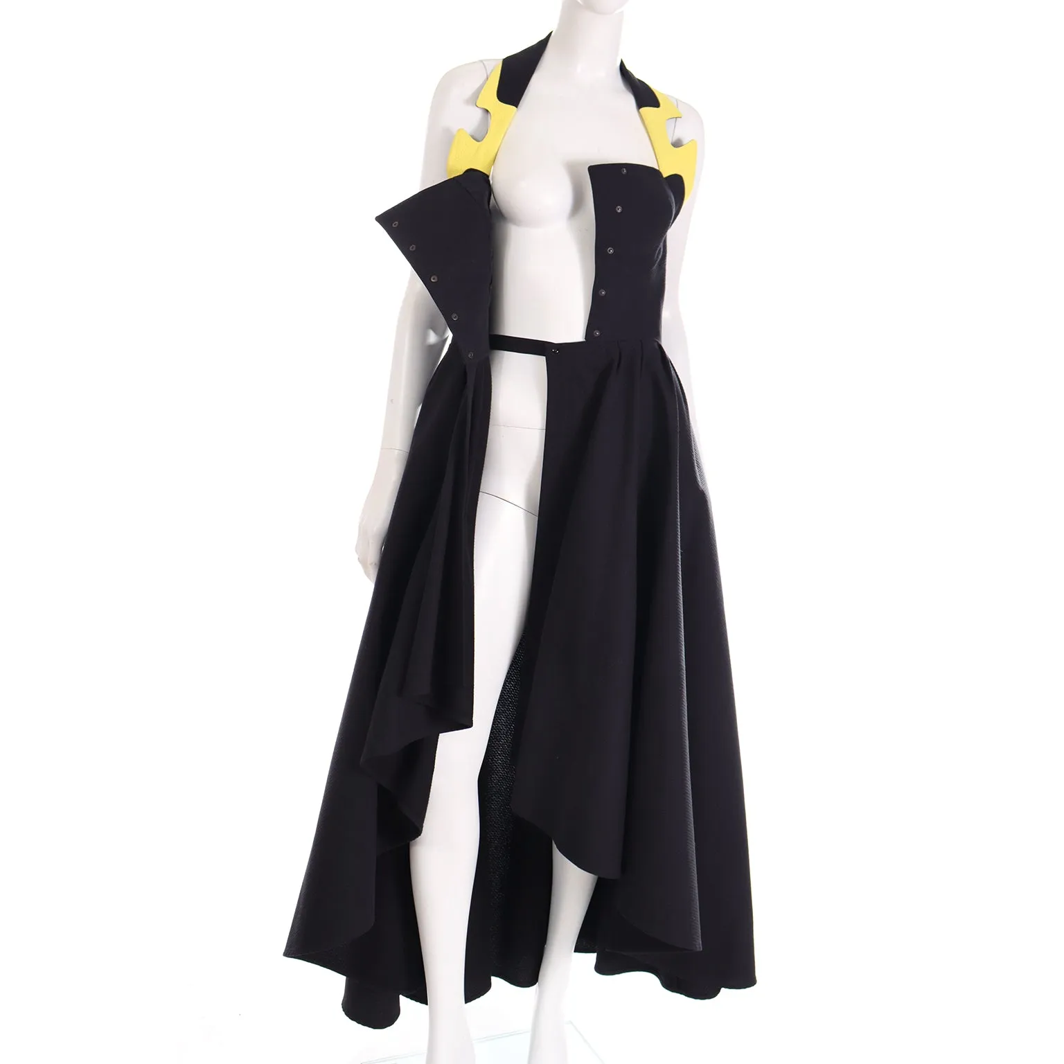 1980s Thierry Mugler Black & Yellow Cotton Halter High Low Dress