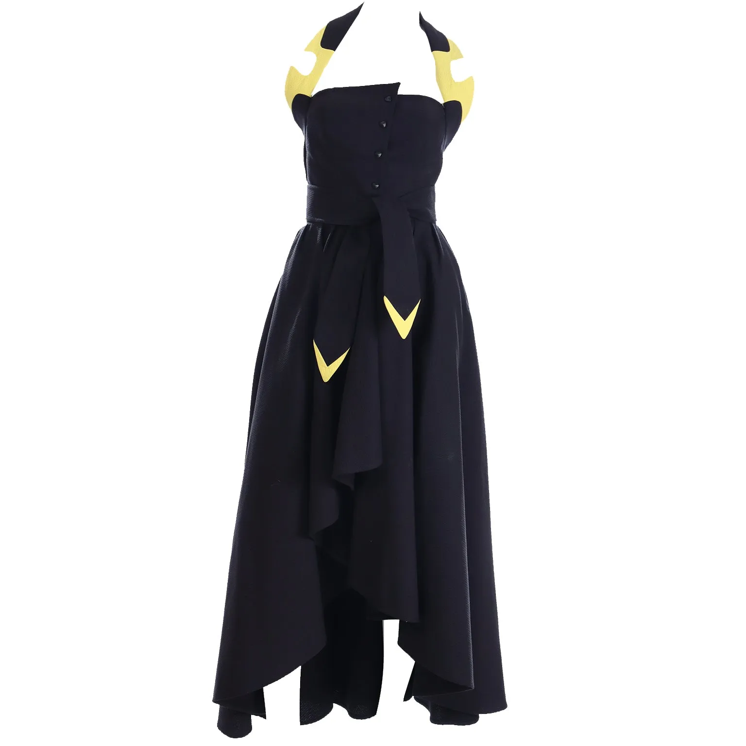 1980s Thierry Mugler Black & Yellow Cotton Halter High Low Dress