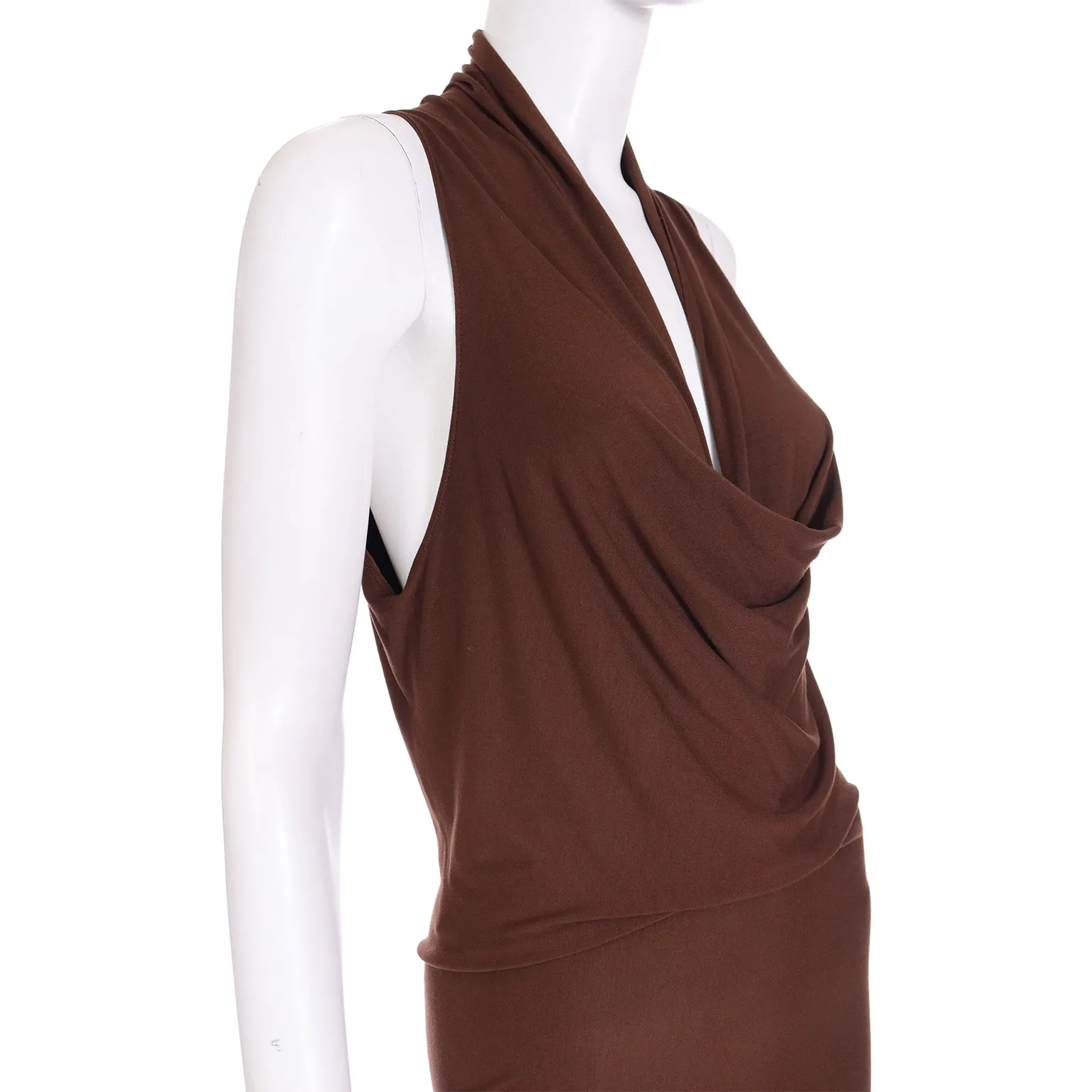 1990s Donna Karan Brown Jersey Low Plunge Vintage Dress