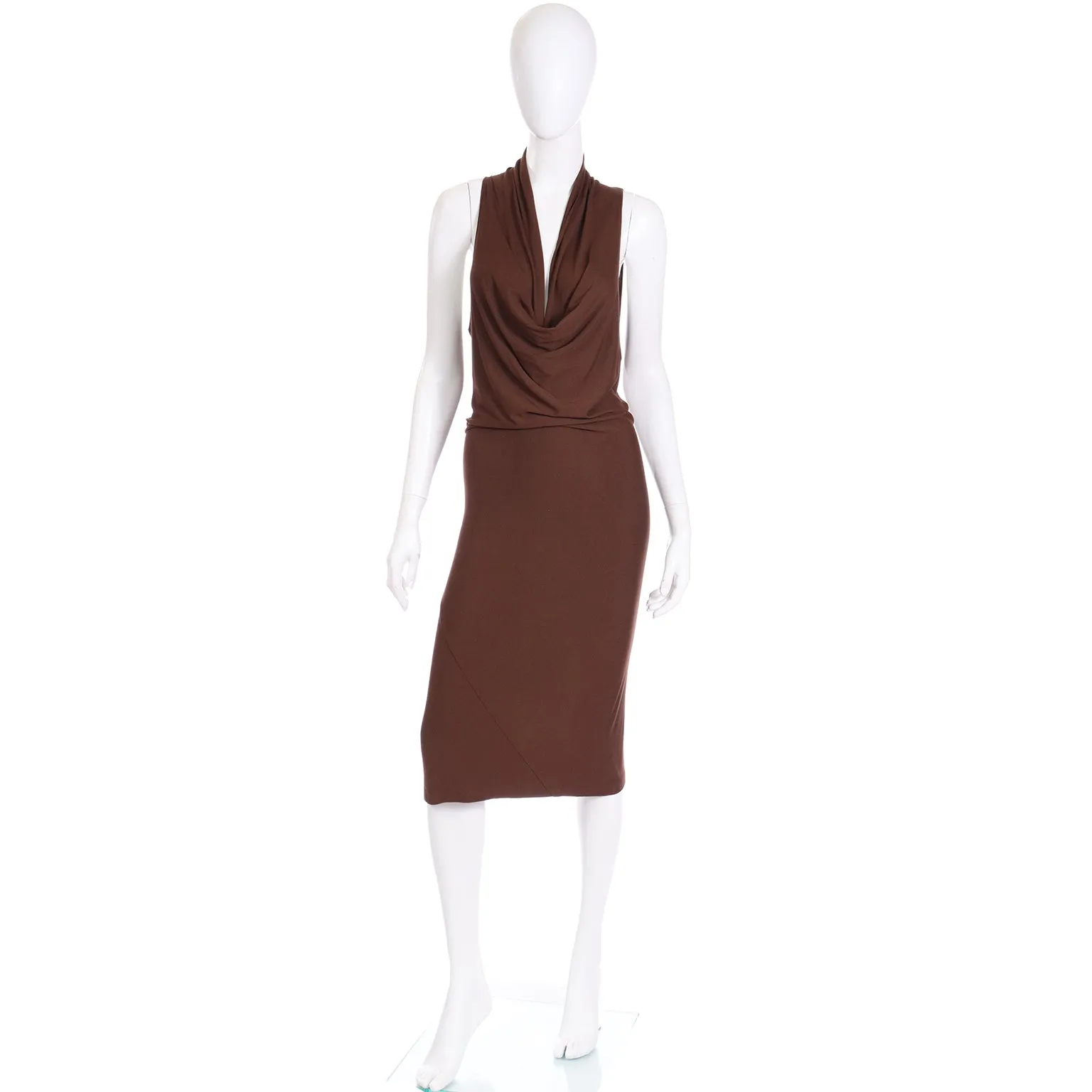 1990s Donna Karan Brown Jersey Low Plunge Vintage Dress