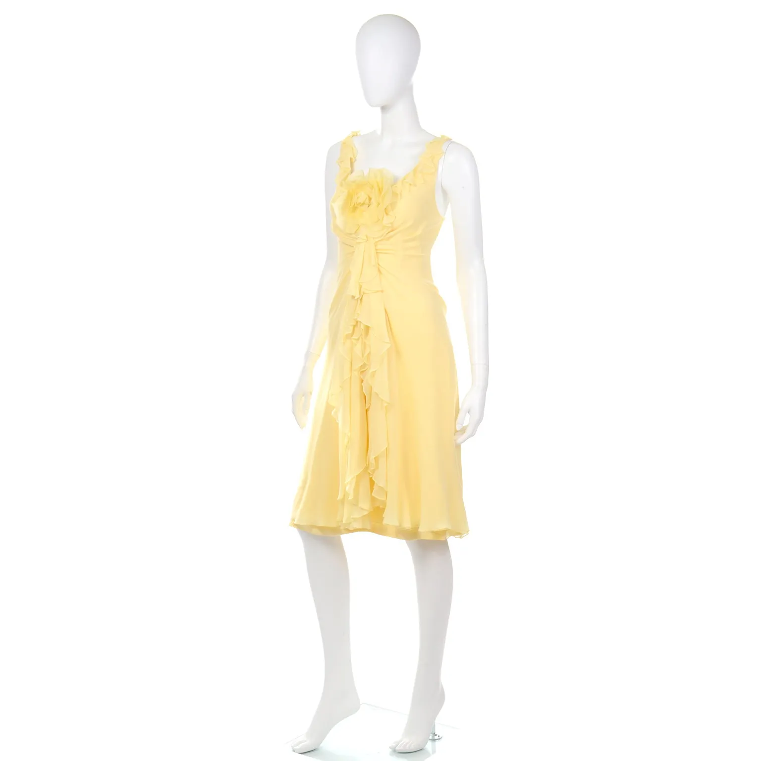 2000s Vintage Y2K Yellow Silk Chiffon Dress W Ruffles & Flower