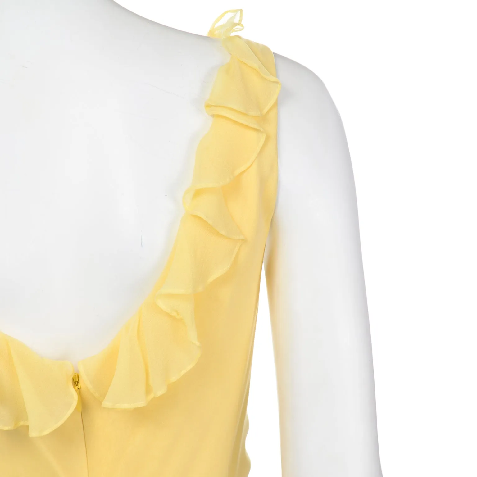 2000s Vintage Y2K Yellow Silk Chiffon Dress W Ruffles & Flower