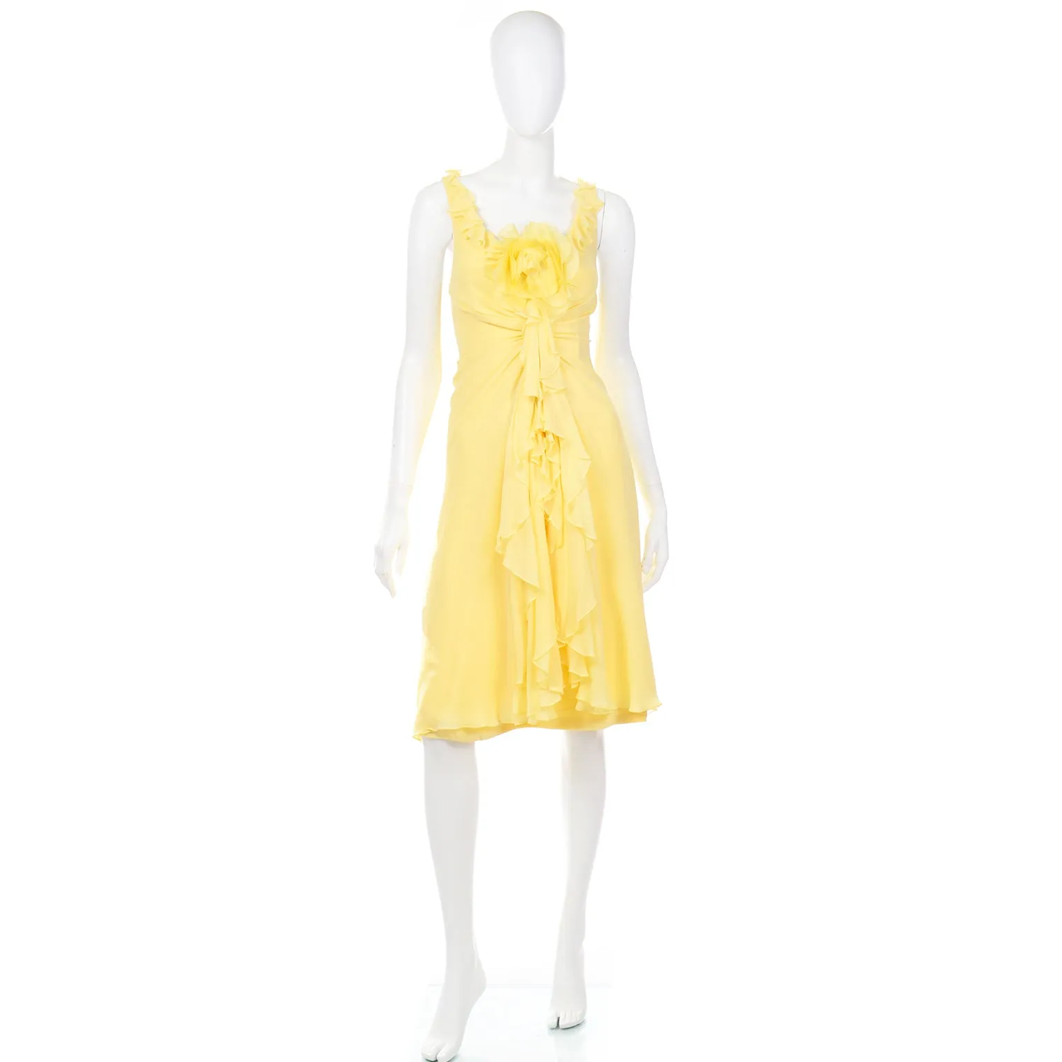 2000s Vintage Y2K Yellow Silk Chiffon Dress W Ruffles & Flower