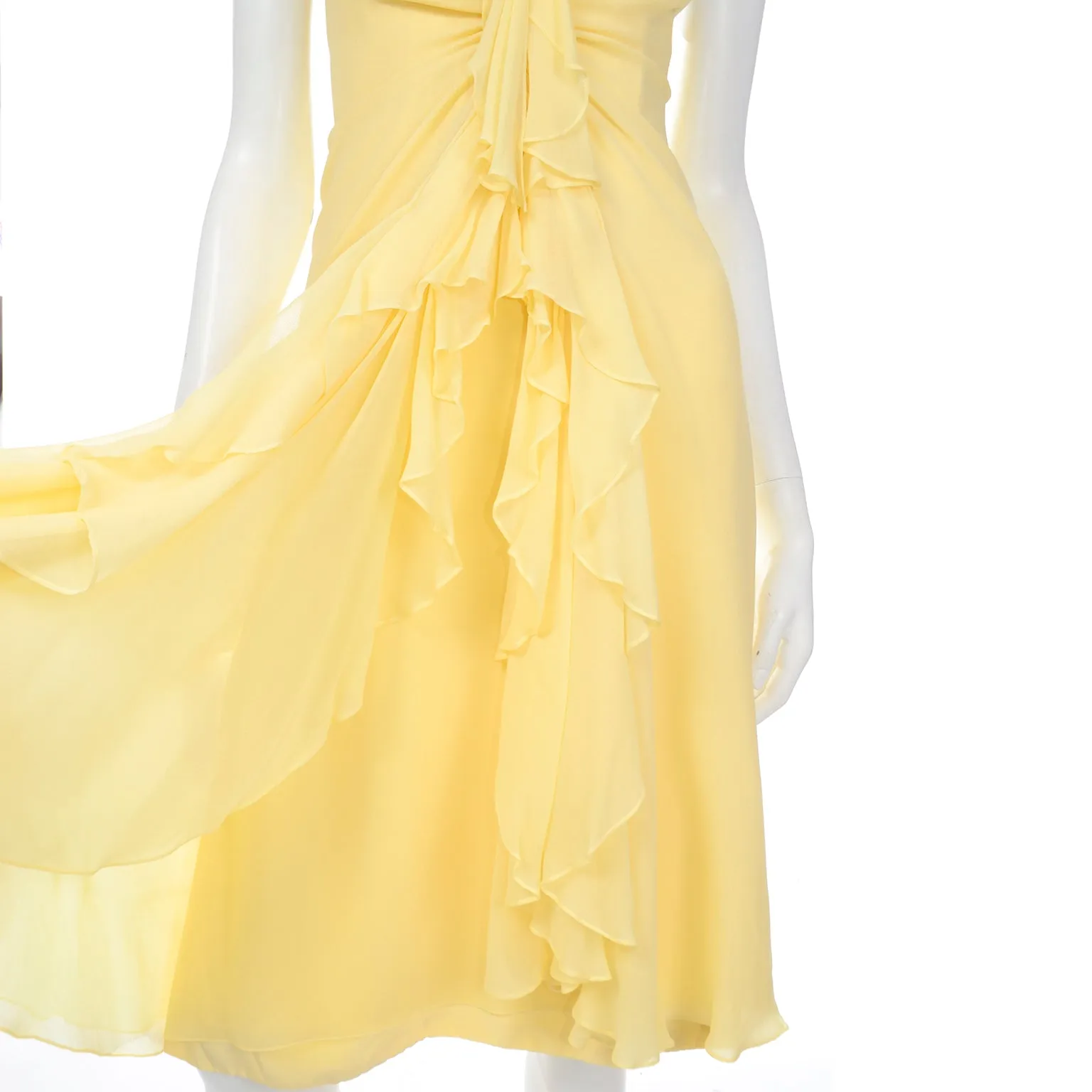 2000s Vintage Y2K Yellow Silk Chiffon Dress W Ruffles & Flower