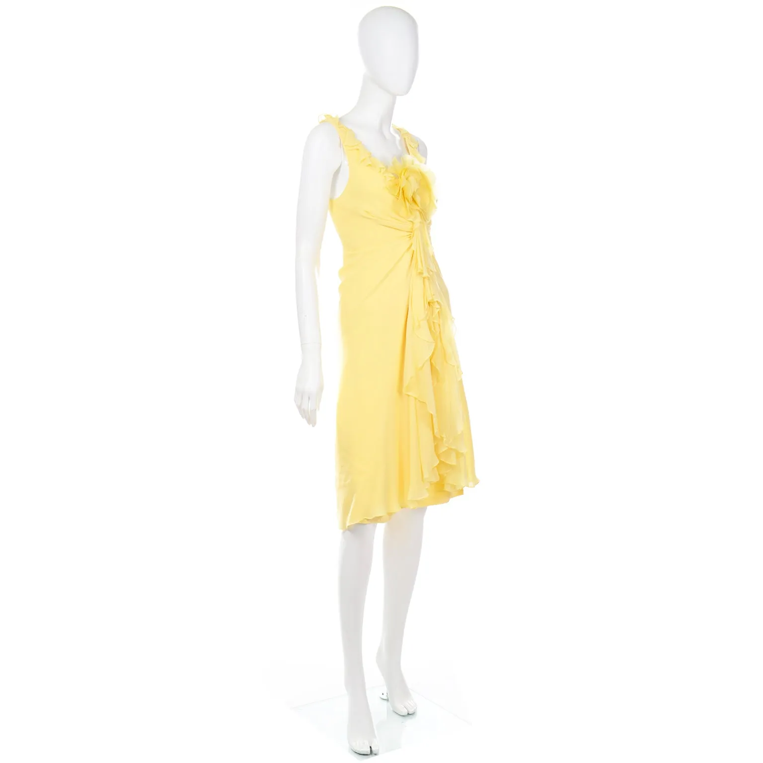 2000s Vintage Y2K Yellow Silk Chiffon Dress W Ruffles & Flower