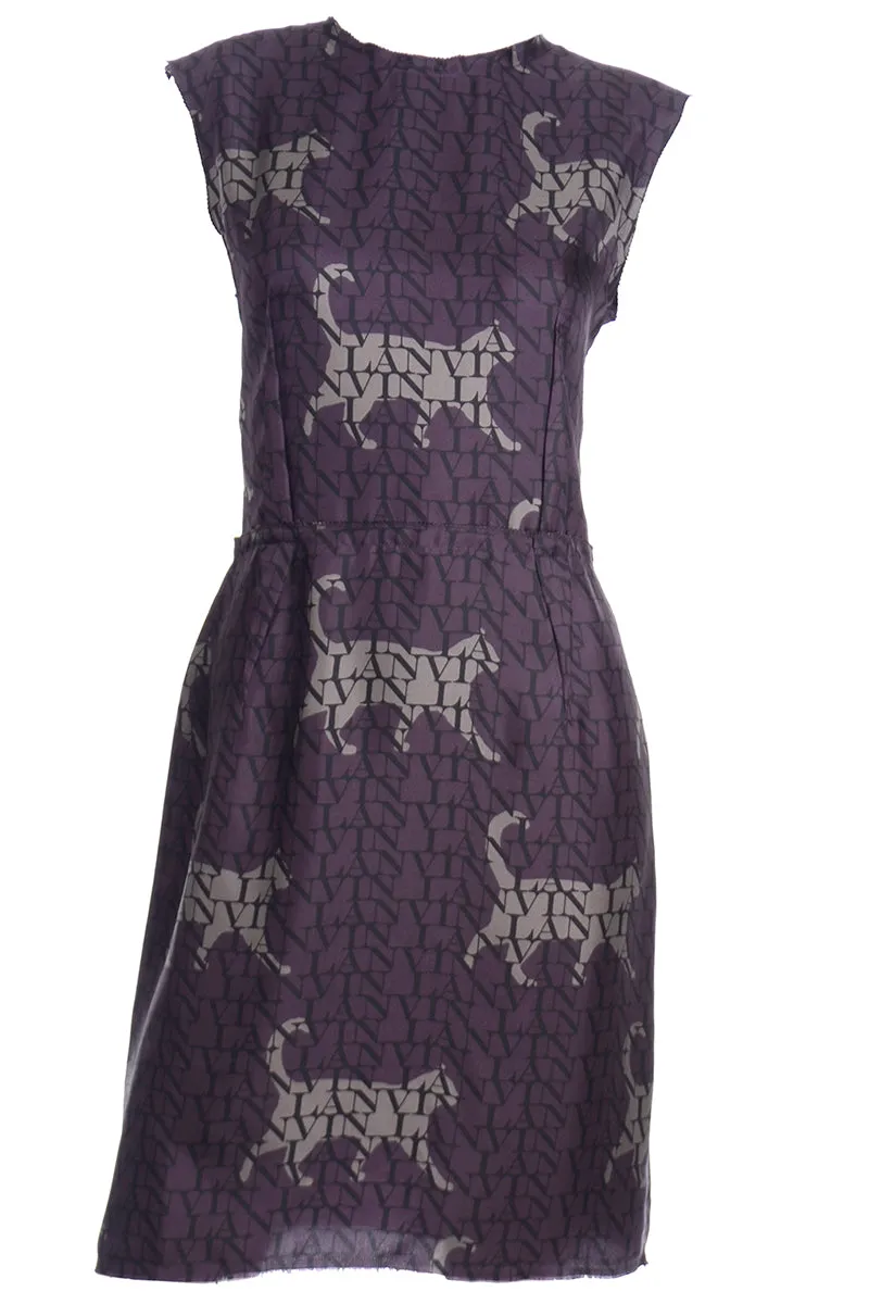 2011 Lanvin by Alber Elbaz Cat Print Logo Silk Dress