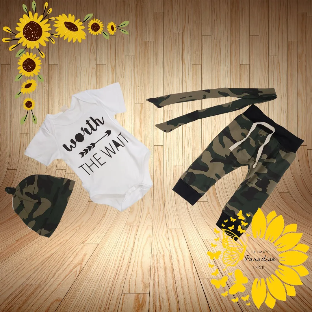 3 Pcs Baby Boy Rompers, Tops pants Hat Outfits, Baby Boy Sets, Pattern Rompers, Baby Boy Camouflage Rompers, Baby Gift Set, Custom Gift