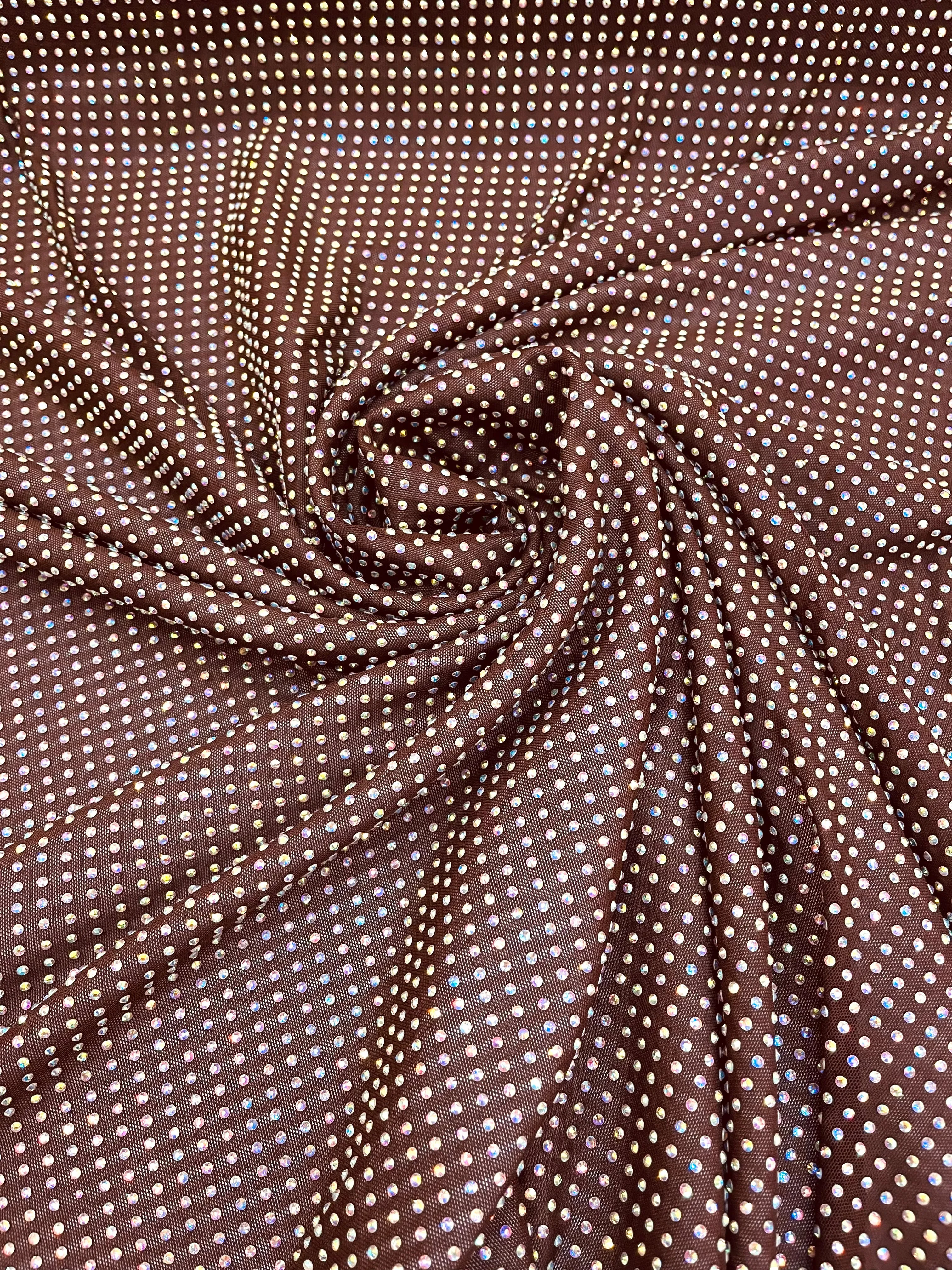 AB-Iridescent Rhinestones On Soft Stretch Nylon Power Mesh Fabric 54” Wide -sold by The Yard.