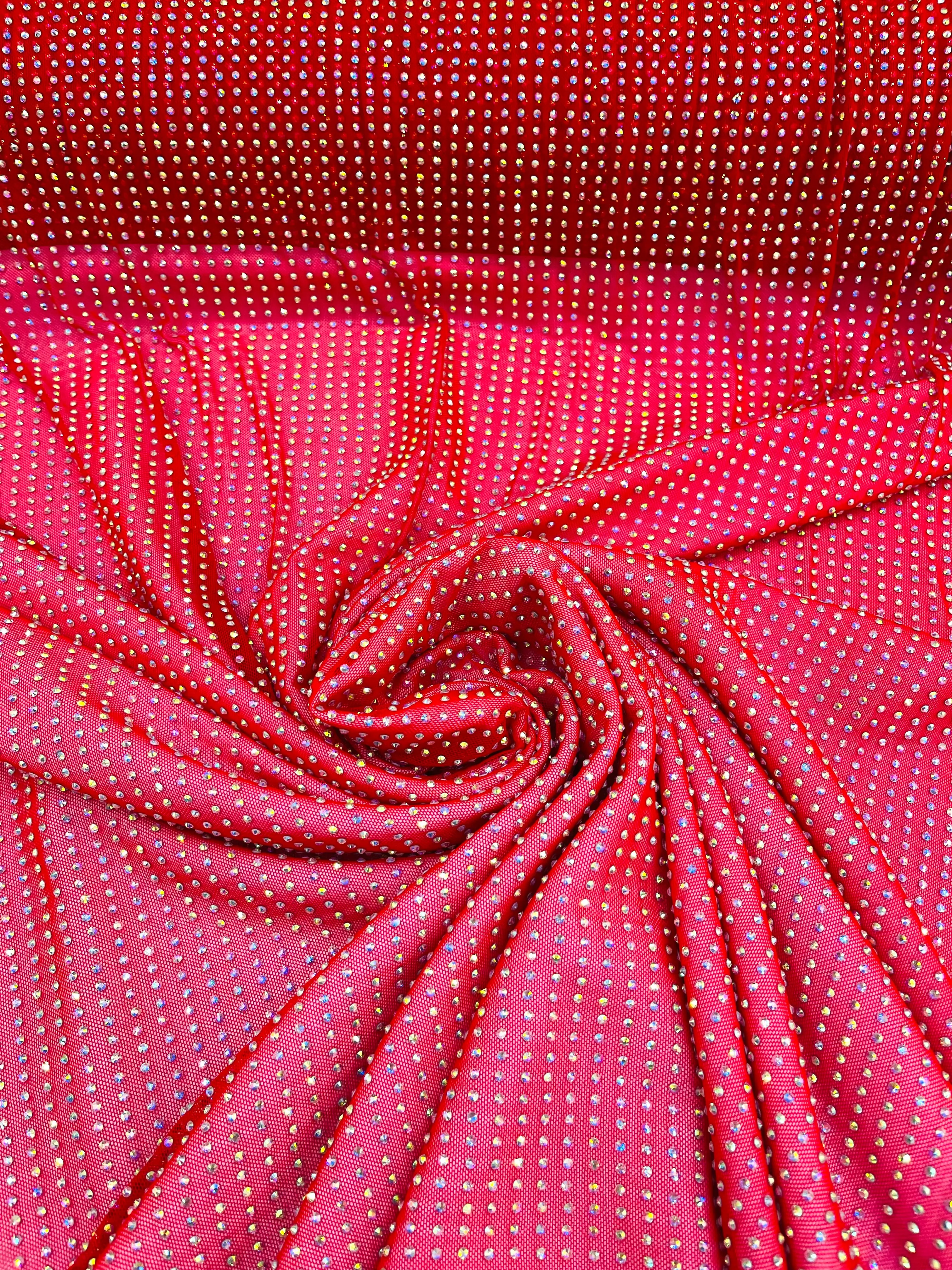 AB-Iridescent Rhinestones On Soft Stretch Nylon Power Mesh Fabric 54” Wide -sold by The Yard.