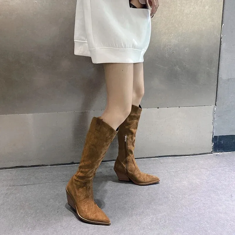 Advbridge New Western Cowboy Knee-High Boots Women Pointed Toe Side Zipper Knight Boots High Heels Women Winter Boots Women Botines Mujer