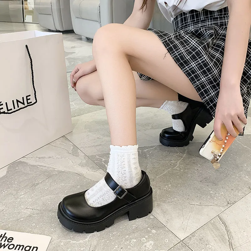 Amozae  Lolita Shoes Japanese Girl Platform Black high heels fashion Round Toe Mary Jane Women Patent faux Leather Student Cosplay Shoes