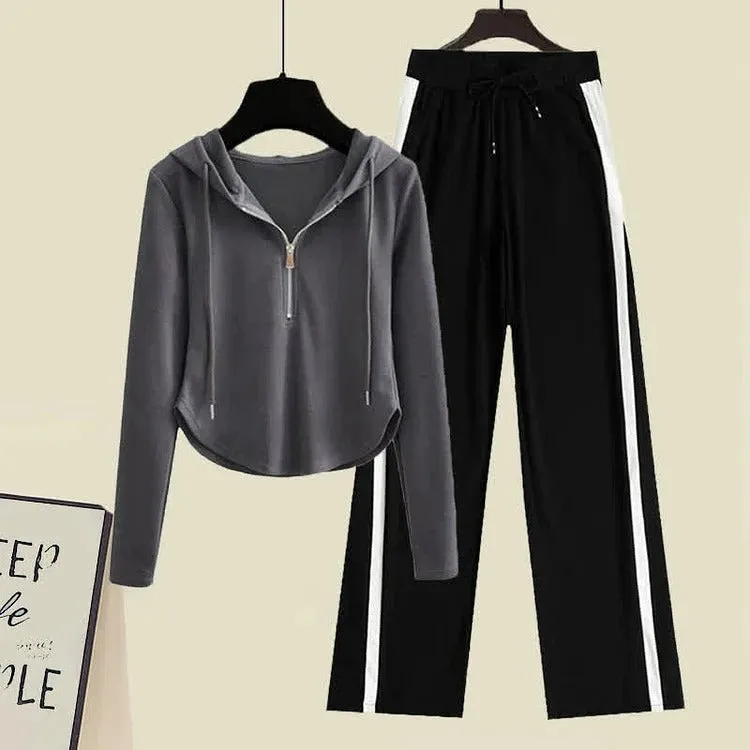 Athleisure Elegance: Sporty Zipper Hoodie and Casual Pants Set