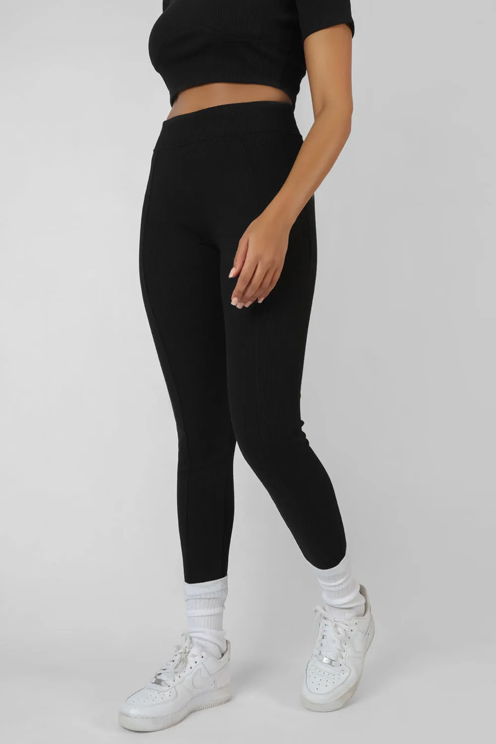 Athleisure Seam Front Ribbed Leggings Black