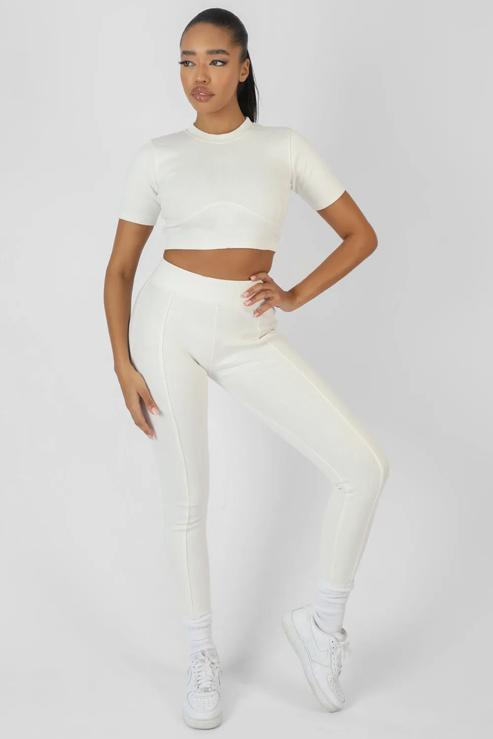 Athleisure Seam Front Ribbed Leggings White