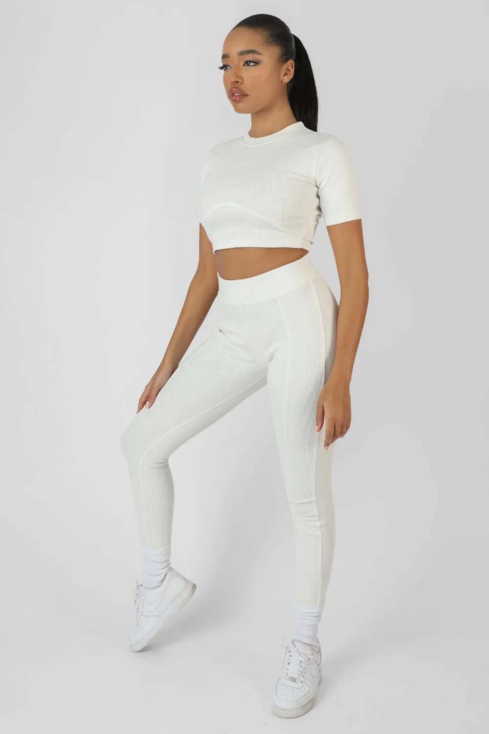 Athleisure Seam Front Ribbed Leggings White