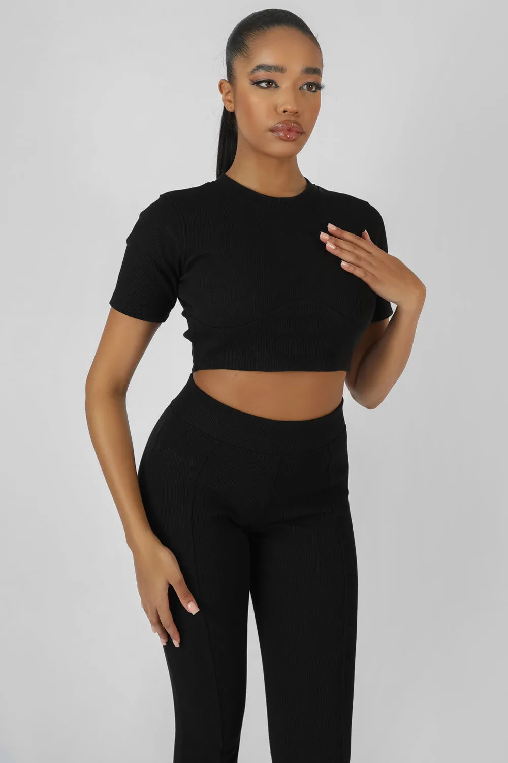 Athleisure Underbust Ribbed Fitted Cropped T-Shirt Black