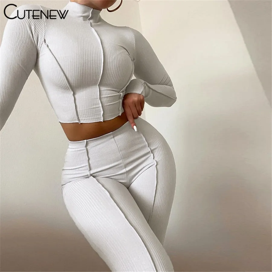 Autumn Solid Two Piece Women's Set w/Half High Collar Long Sleeve and Crop Top