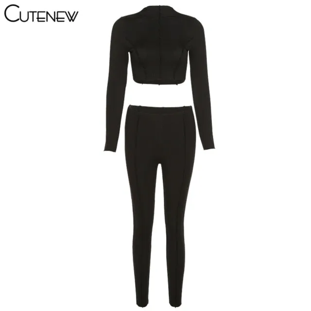 Autumn Solid Two Piece Women's Set w/Half High Collar Long Sleeve and Crop Top