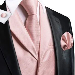 Baby Pink Solid Jacquard Silk Men's Vest Hanky Cufflinks Tie Set