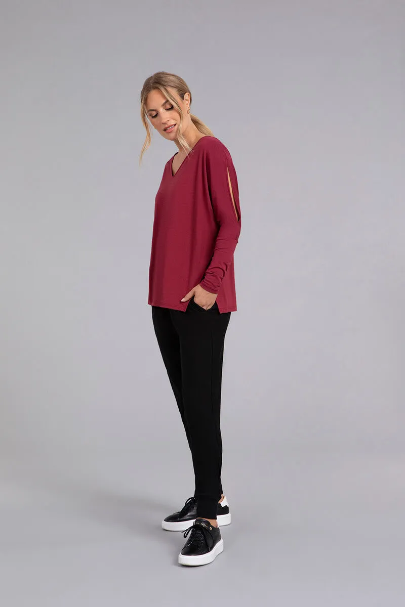 Bamboo Cotton V-Neck Slit Sleeve Top | Cherry