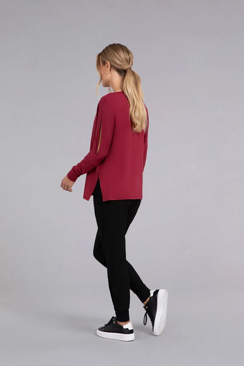 Bamboo Cotton V-Neck Slit Sleeve Top | Cherry