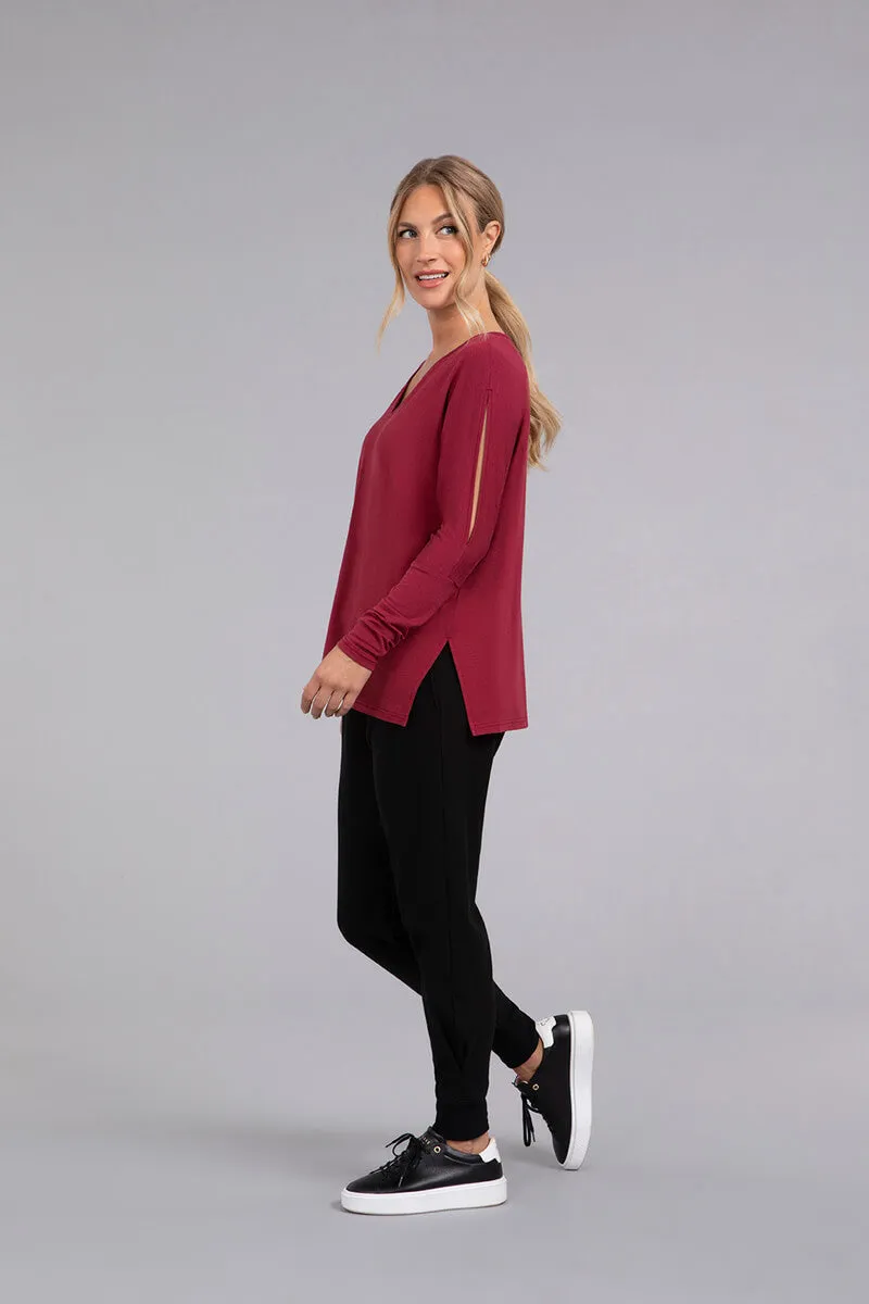 Bamboo Cotton V-Neck Slit Sleeve Top | Cherry