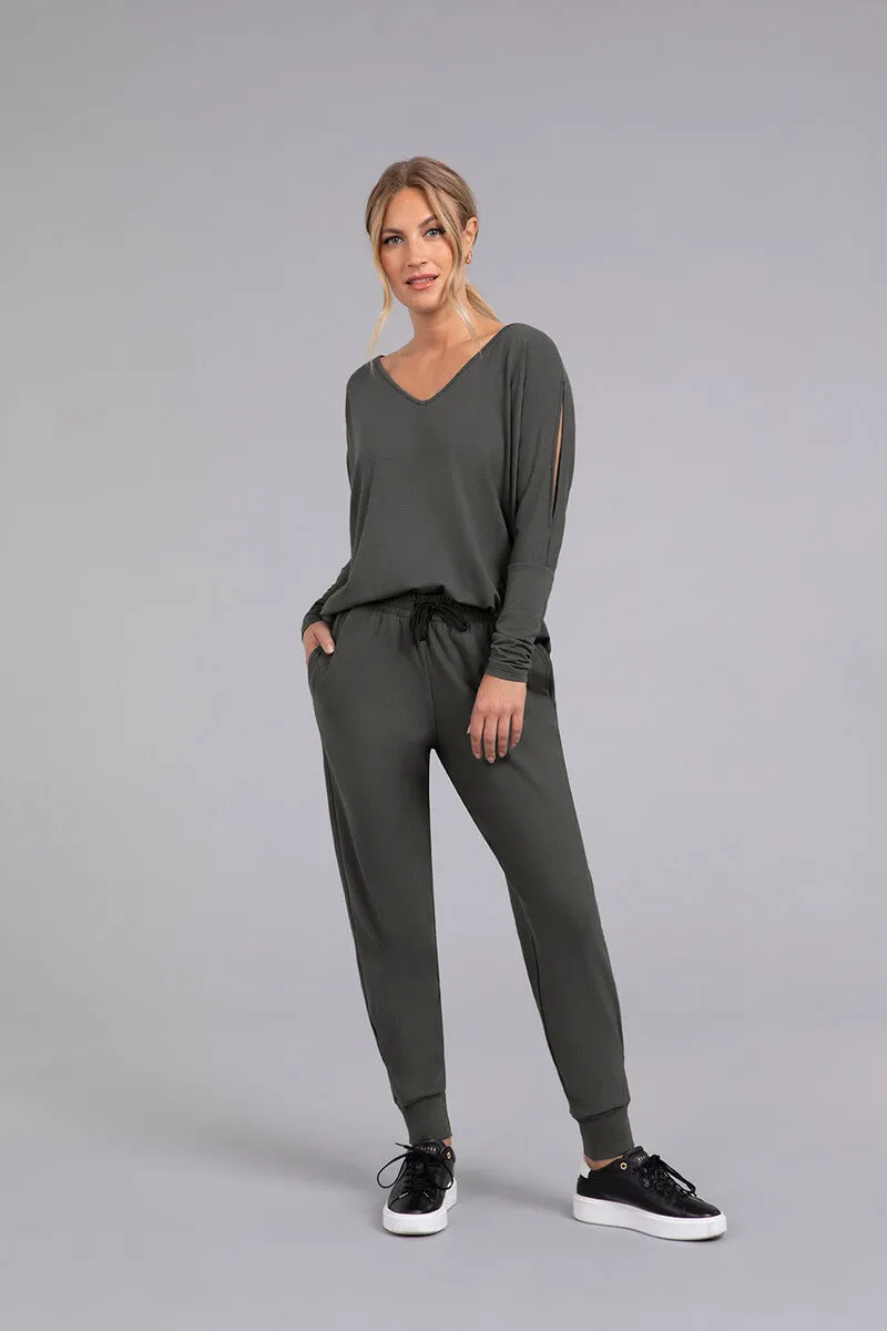 Bamboo Cotton V-Neck Slit Sleeve Top | Raven