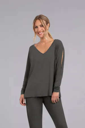 Bamboo Cotton V-Neck Slit Sleeve Top | Raven