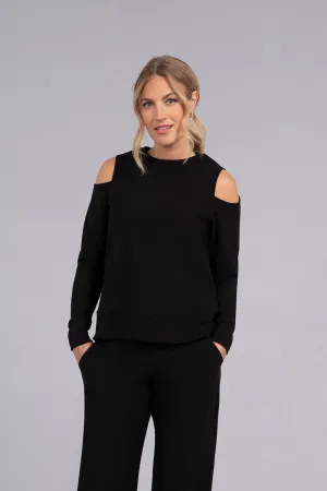 Bamboo Fleece Cut Out Shoulder Top | Black