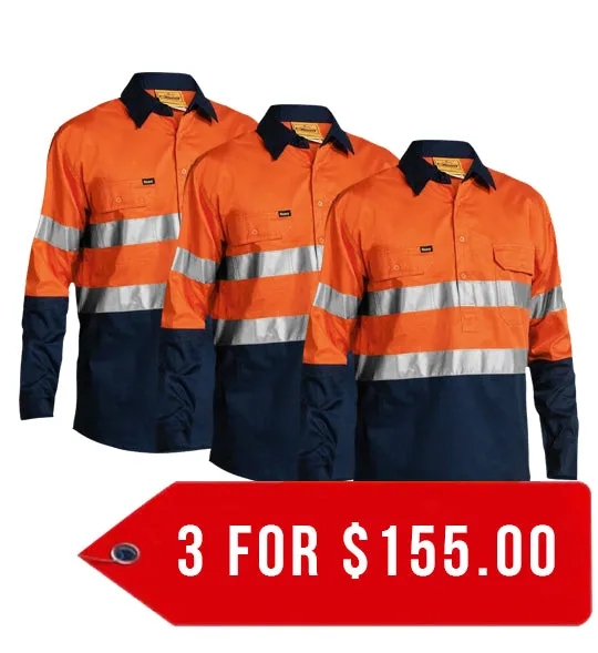 Bisley Taped Hi Vis Closed Front Cool Lightweight Shirt - Long Sleeve-3 Pack-(BSC6896-1)