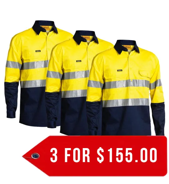 Bisley Taped Hi Vis Closed Front Cool Lightweight Shirt - Long Sleeve-3 Pack-(BSC6896-1)