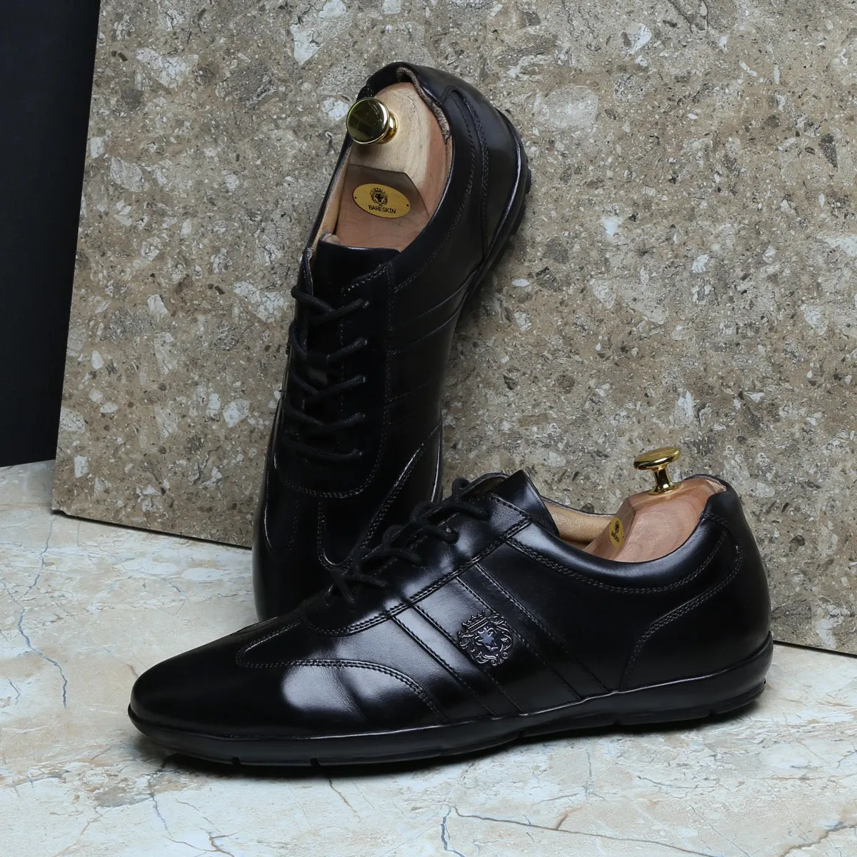 Black Leather Stripes Design Lion Metal Logo Sneakers By Brune & Bareskin