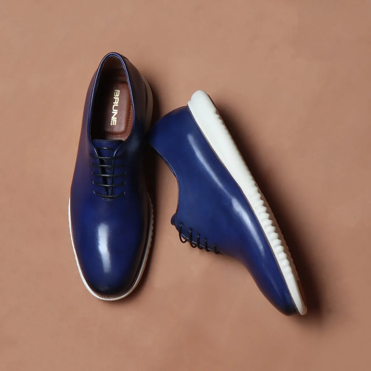 Blue Leather Sneakers With Contrasting White Sole