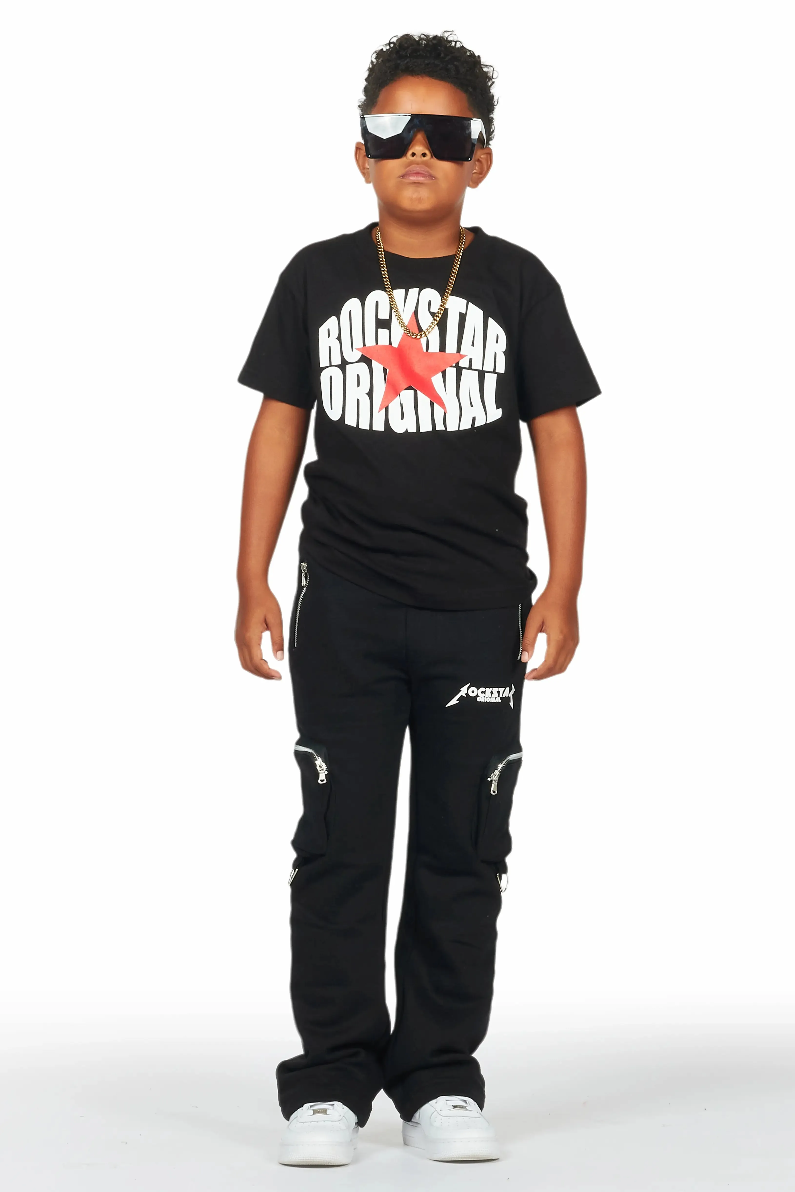 Boys Colin Black Stacked Flare Track Pants