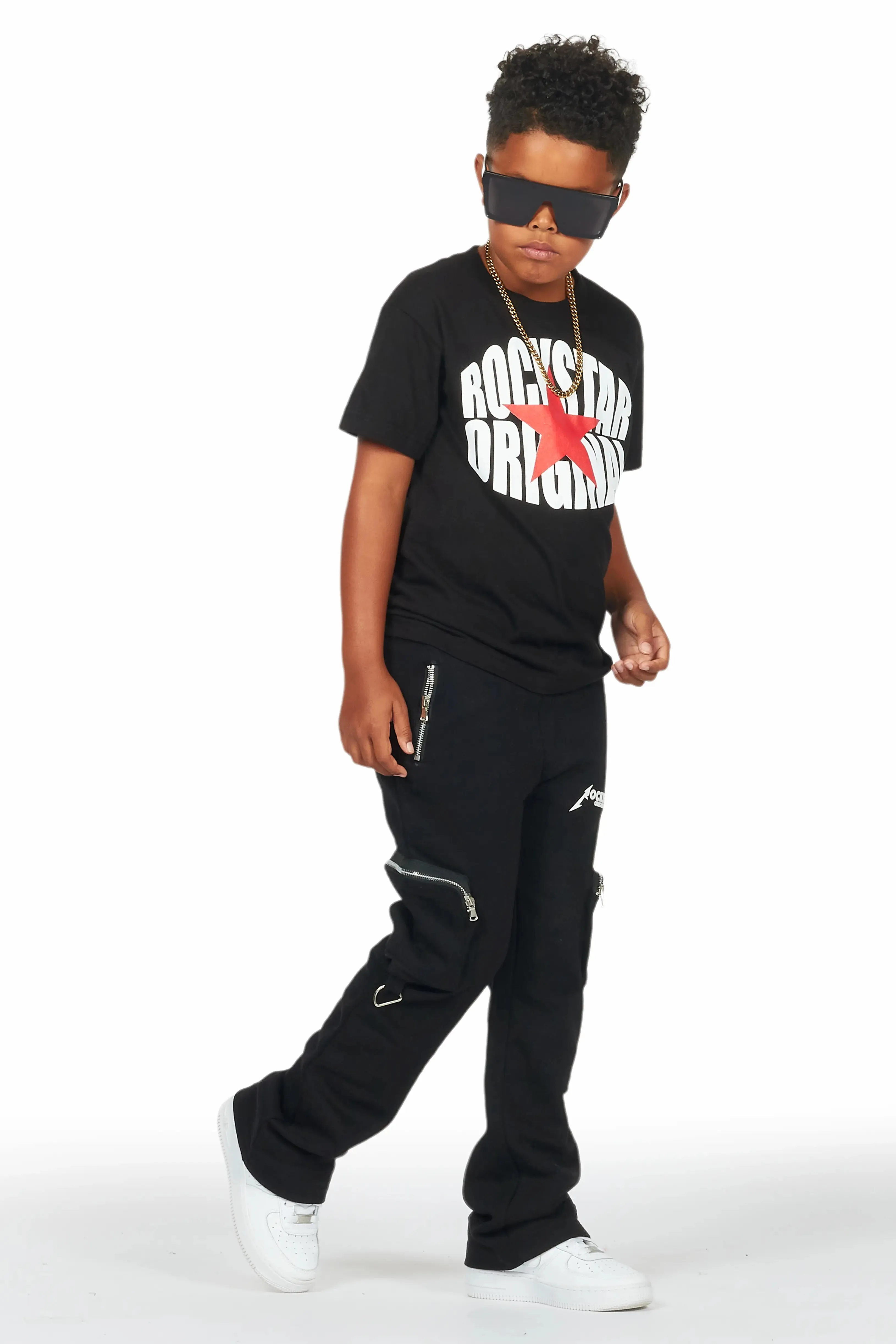 Boys Colin Black Stacked Flare Track Pants