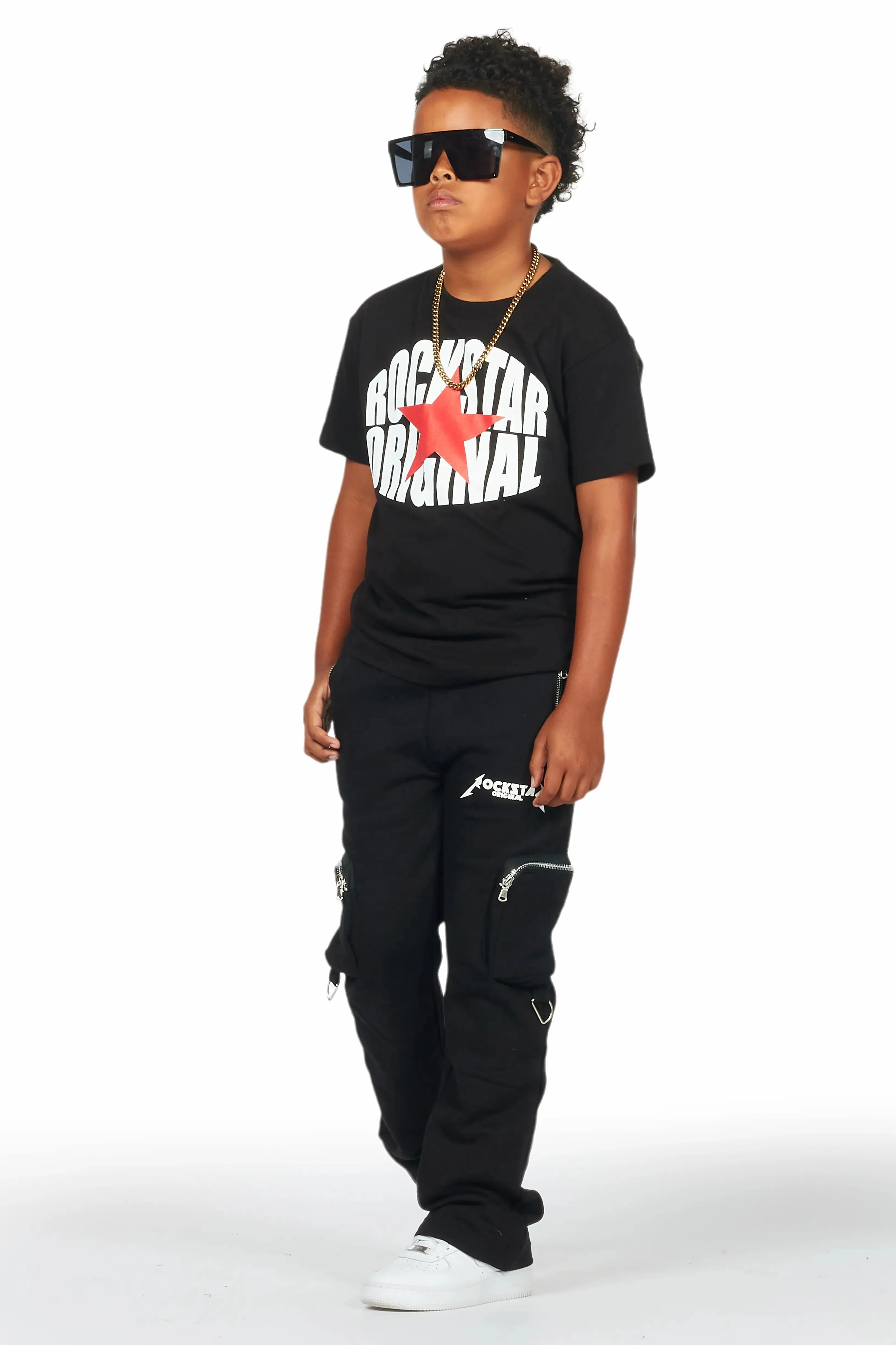 Boys Colin Black Stacked Flare Track Pants