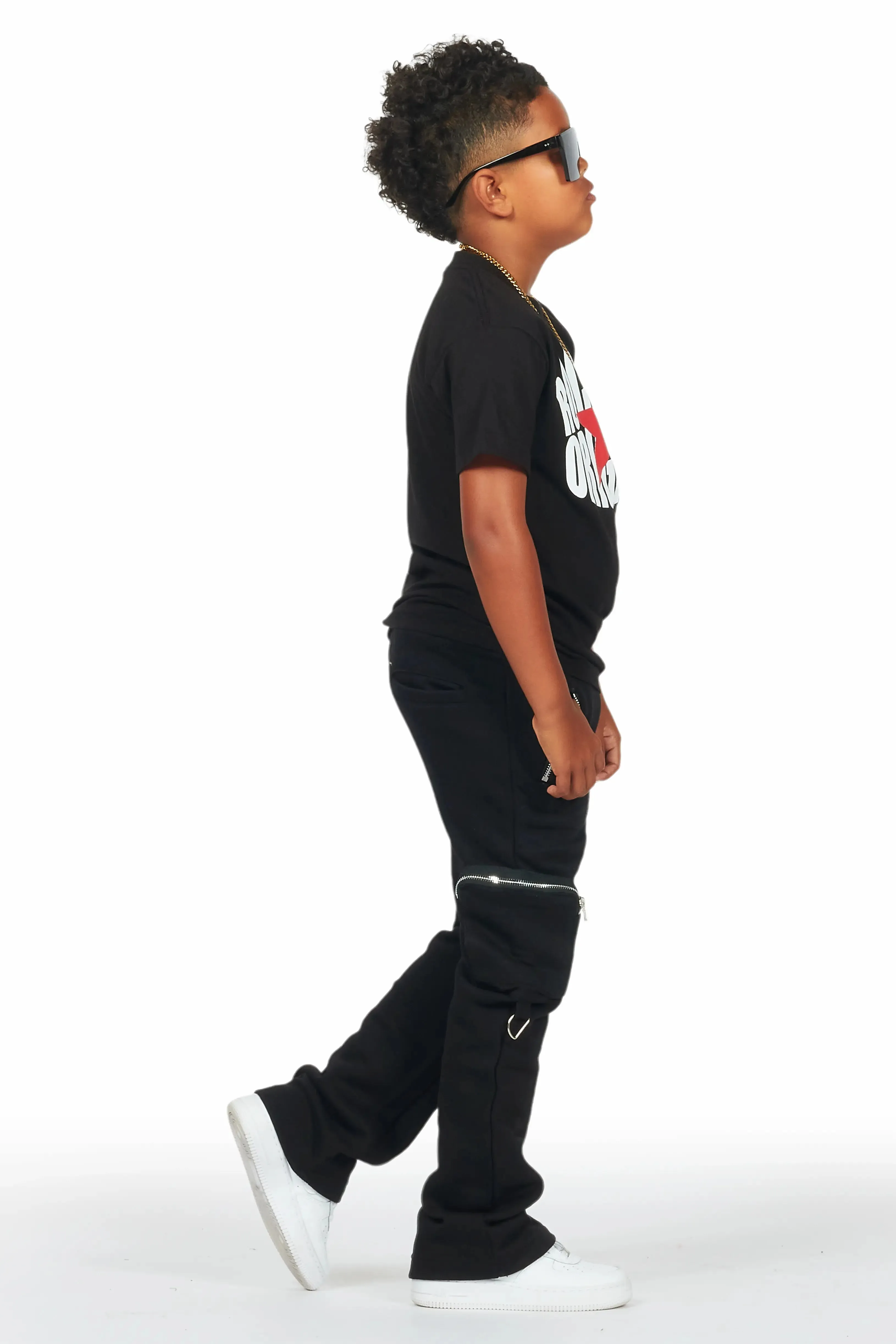 Boys Colin Black Stacked Flare Track Pants