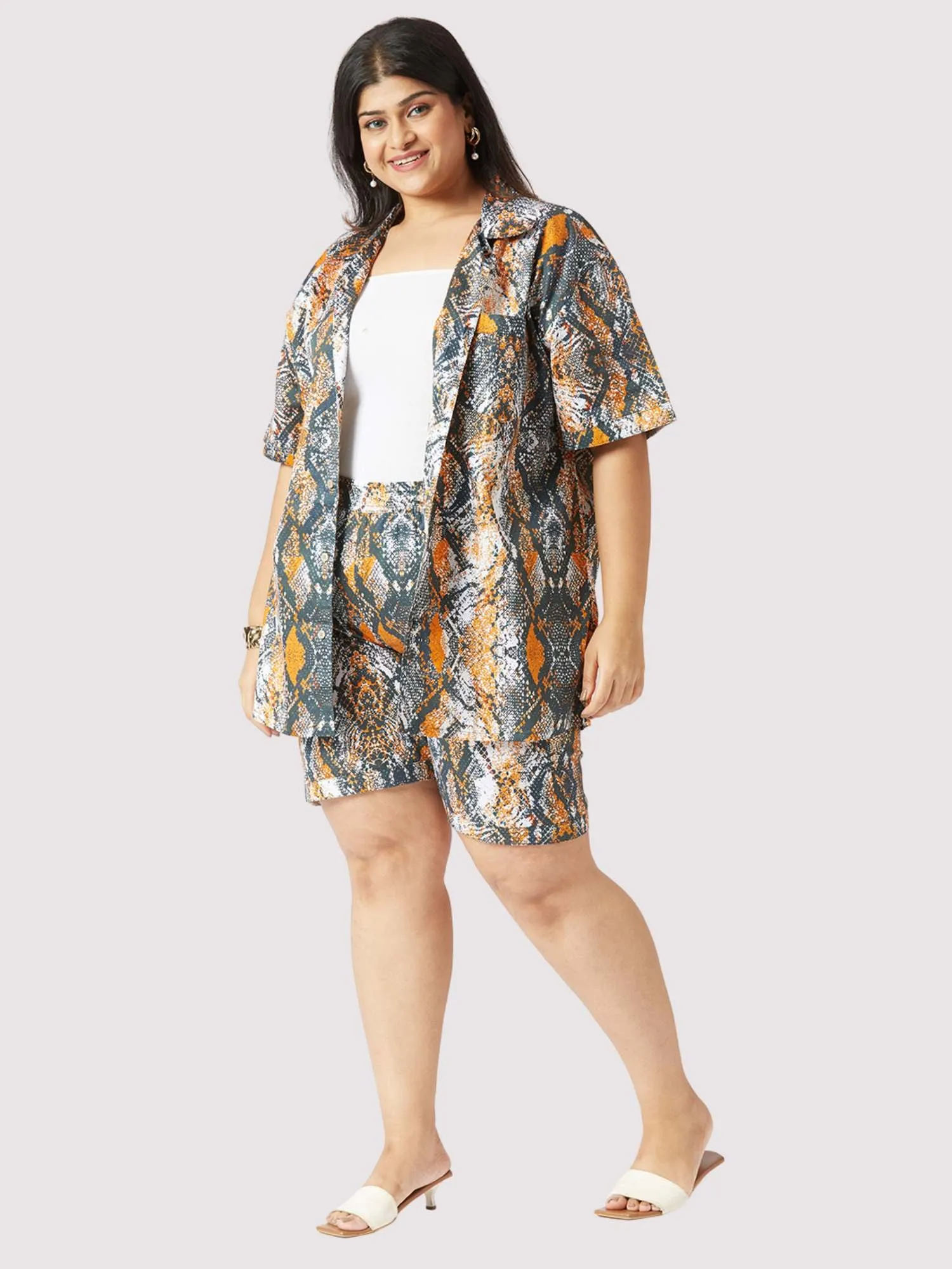 Brown Paisley Plus Size Women's Half Co-ord Set