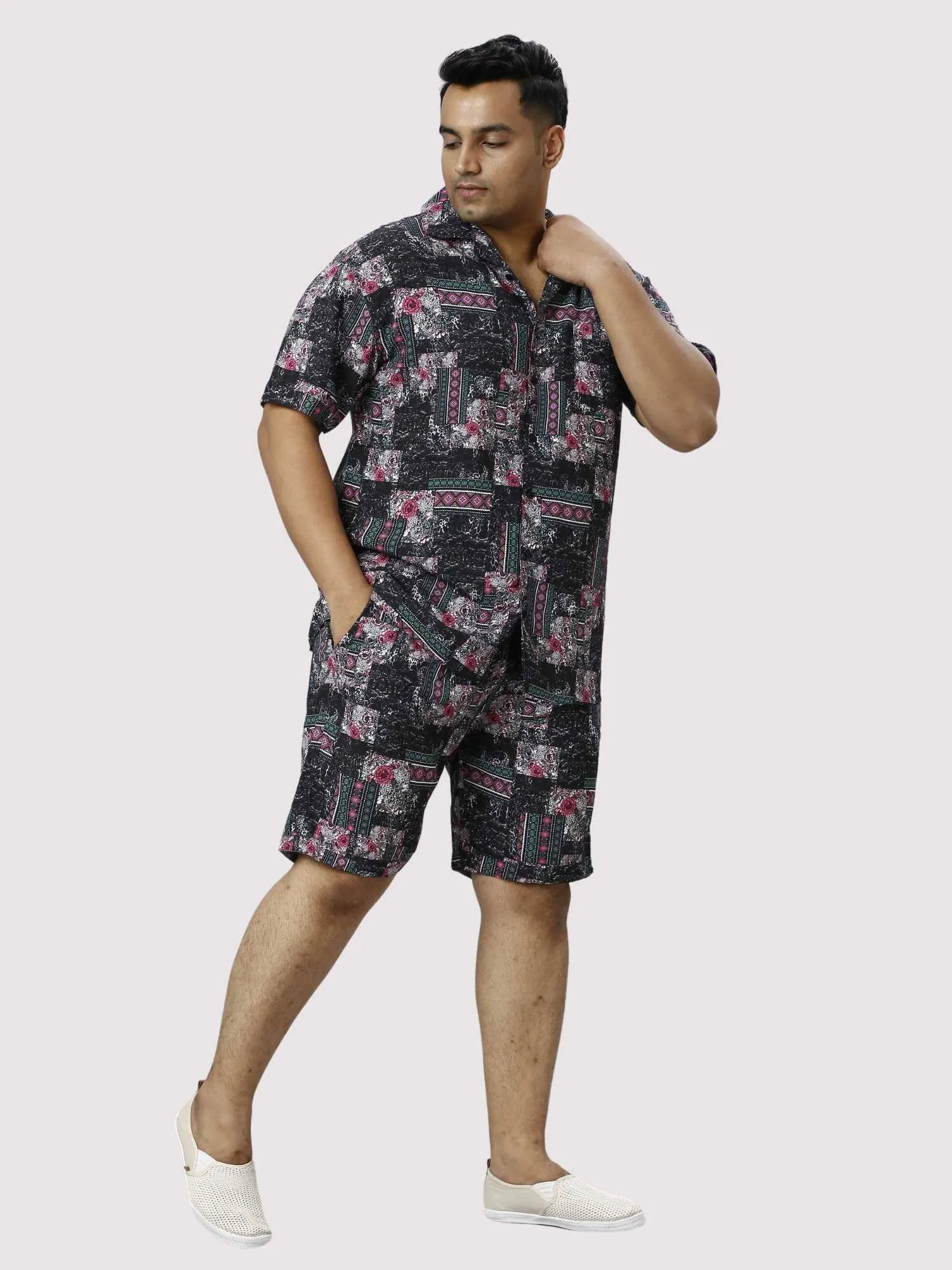 Carbon Pattern Digital Printed Half Co-ords Set Men's Plus Size