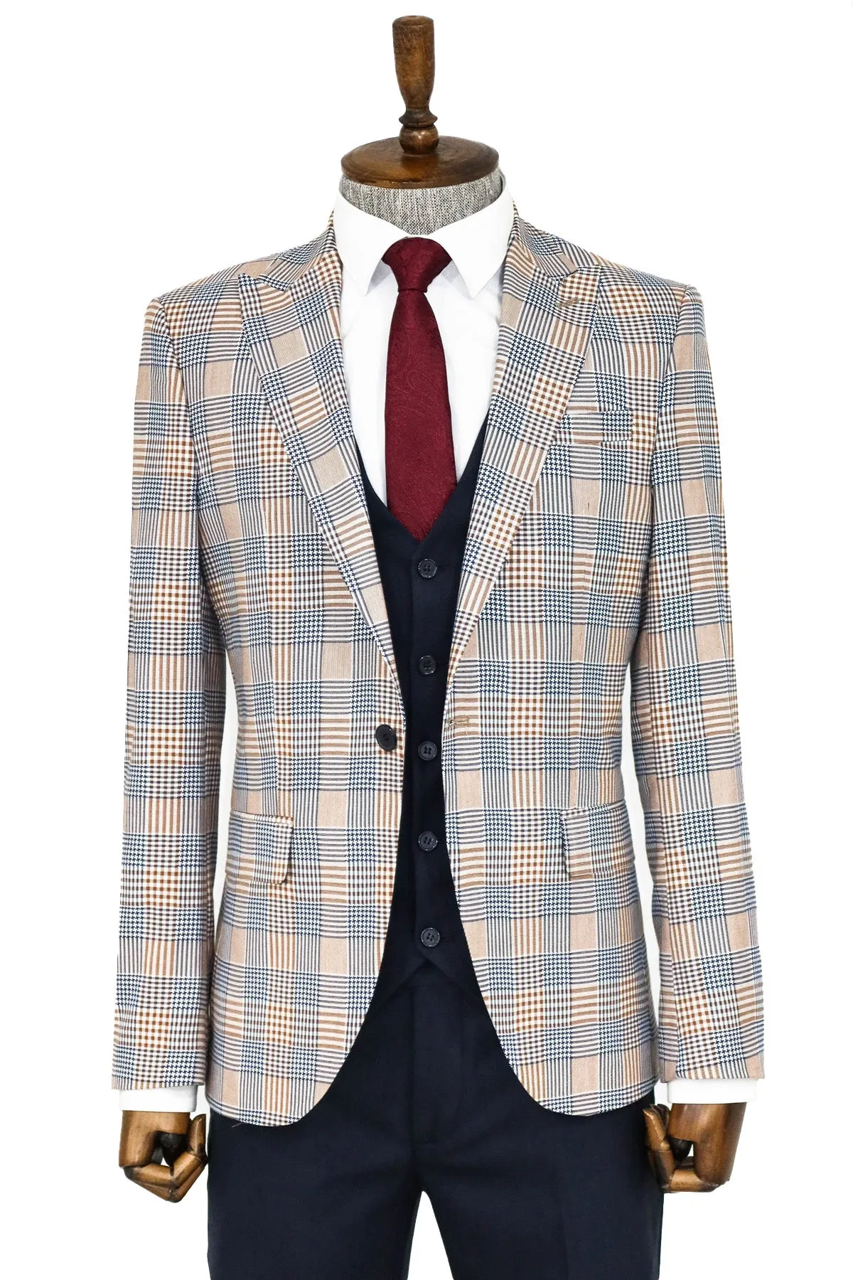 Checked Slim Fit Brown Men Suit - Wessi