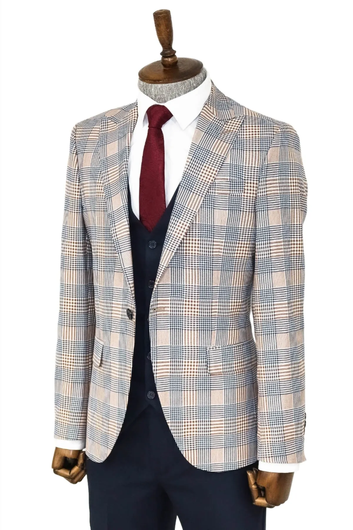 Checked Slim Fit Brown Men Suit - Wessi