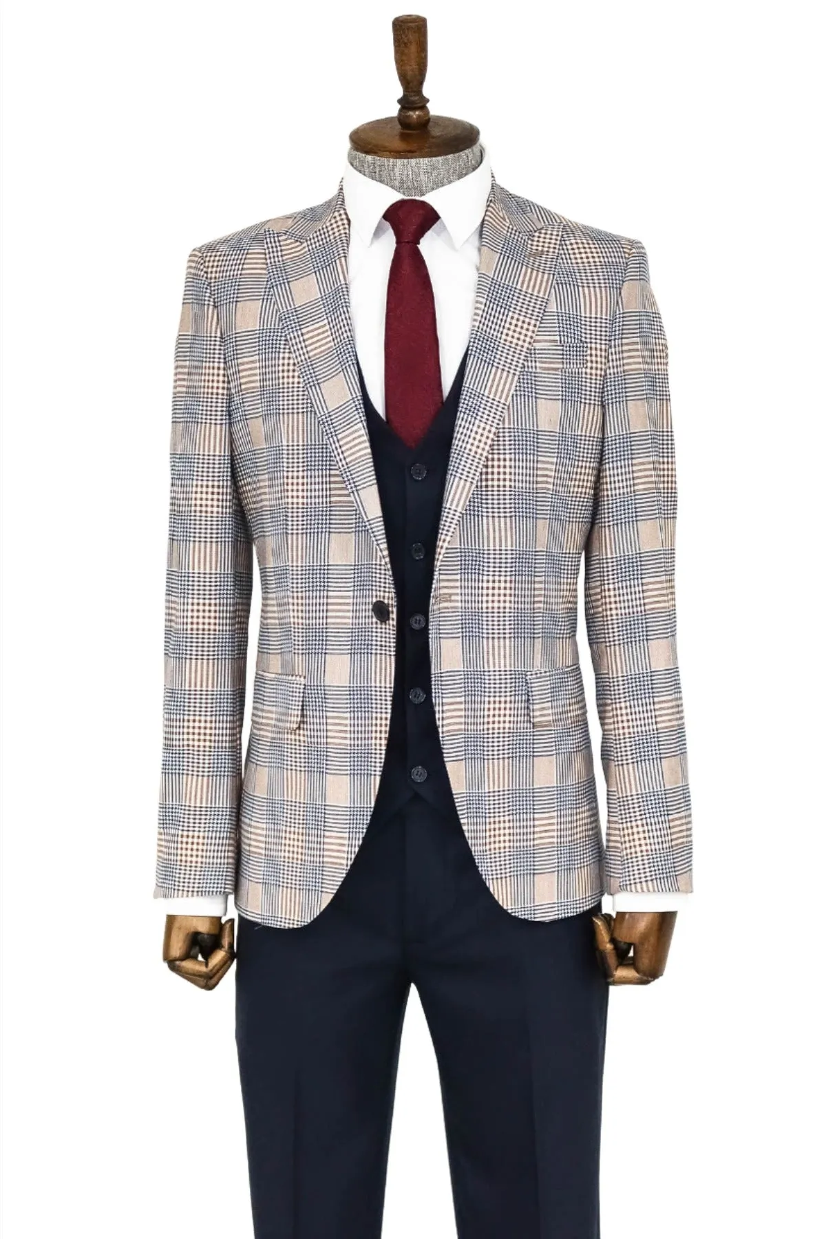 Checked Slim Fit Brown Men Suit - Wessi