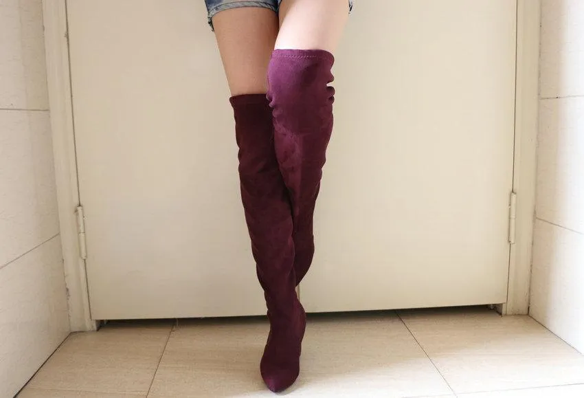 Chic Flock Leather Over The Knee Thigh High Boots