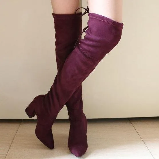 Chic Flock Leather Over The Knee Thigh High Boots